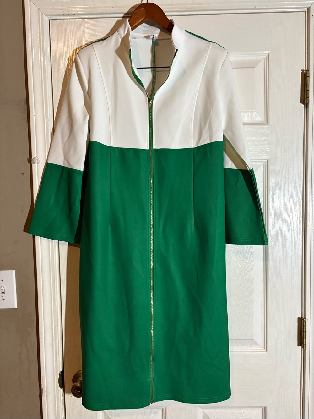 Colorblock Green and White Zip-Front Midi Dress